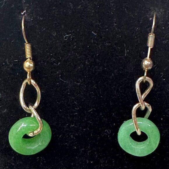 Green Jade Dangle Earrings Donut Ring Classic Simple Y2K Gold-Tone Hooks - Picture 1 of 5